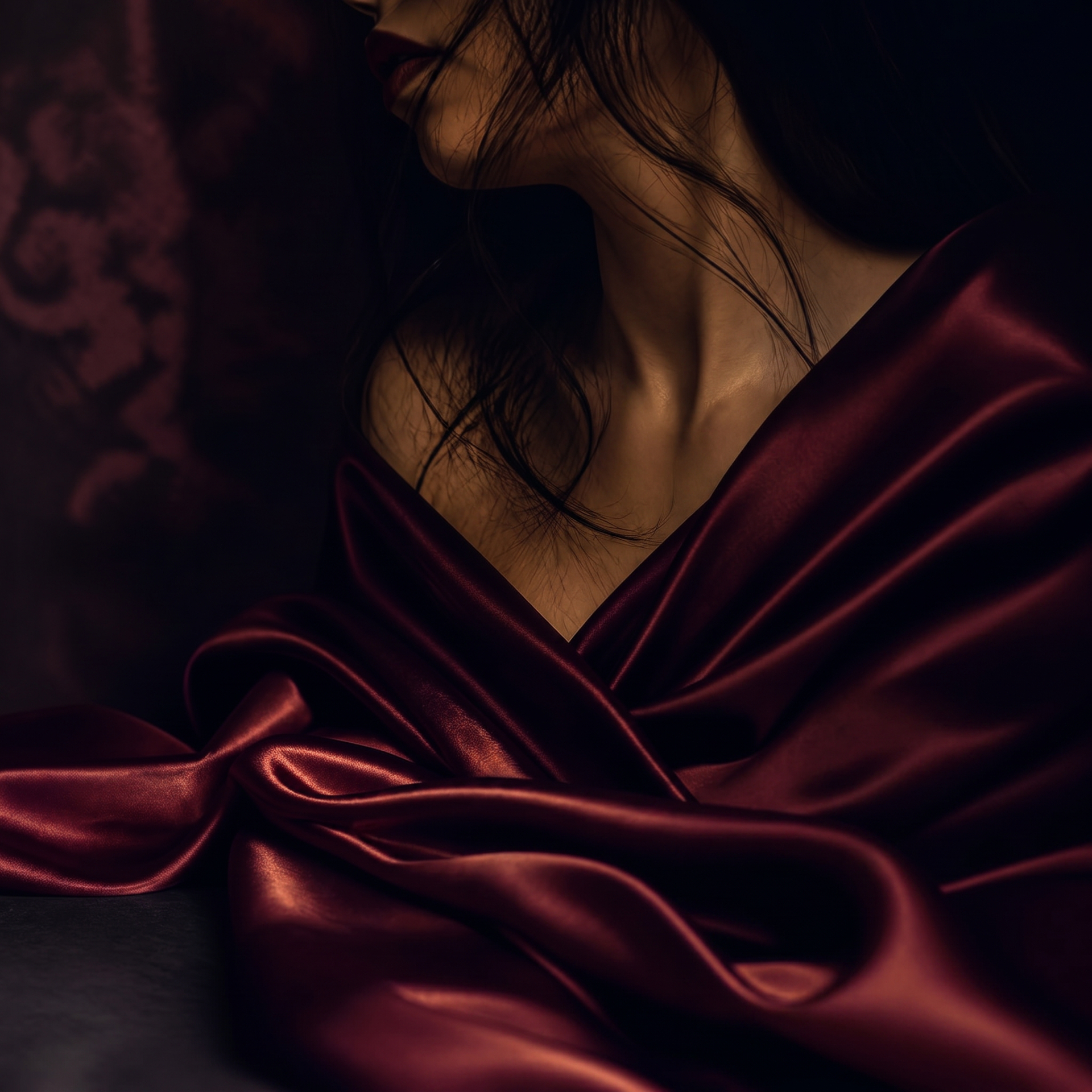Moody dark romance image with burgundy silk for a Steamy Co-Author review on AI-assisted romance writing.