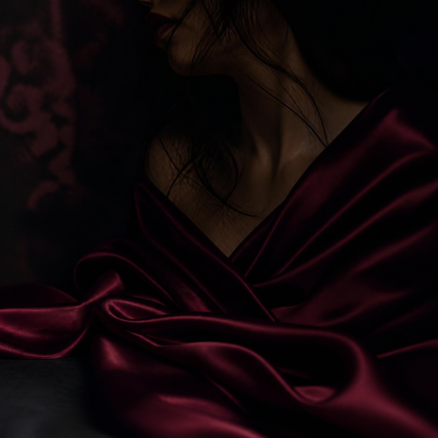 Moody dark romance image with burgundy silk for a Steamy Co-Author review on AI-assisted romance writing.