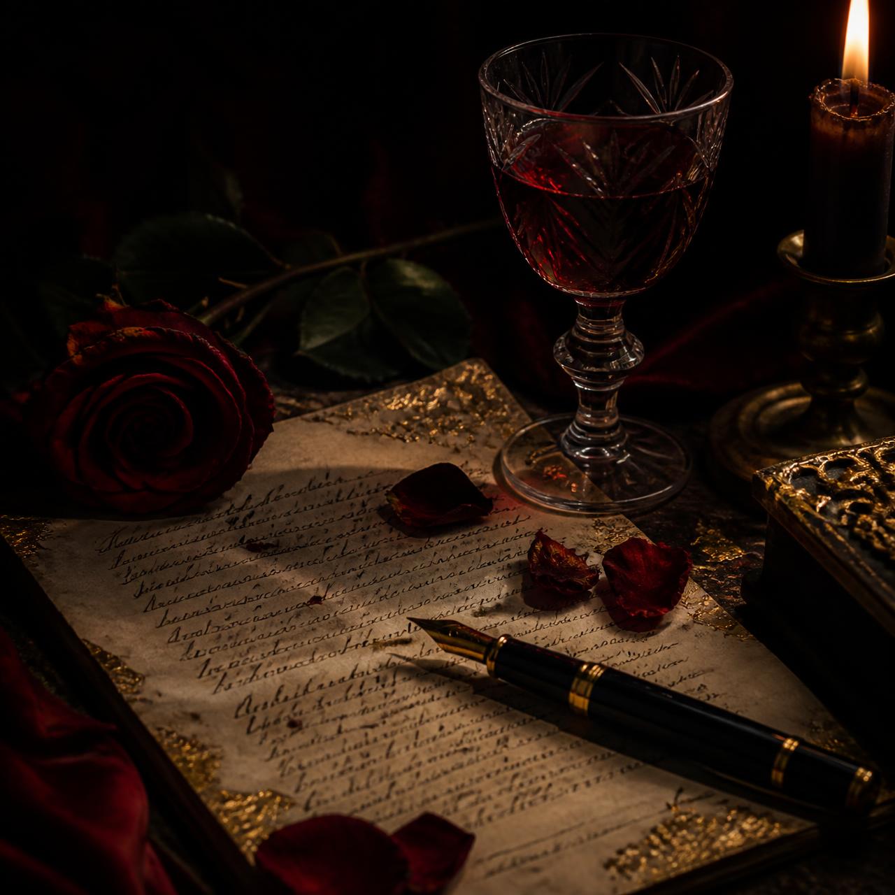A fountain pen on a handwritten manuscript with rose petals and a glass of red wine